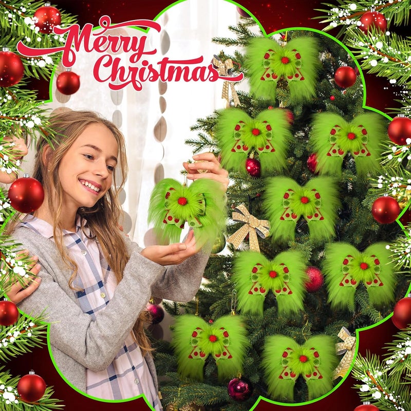 Knitgrip 12 Pcs Red Green Christmas Bows Christmas Tree Decoration Lime Green Wreaths Velvet Bow Tree Topper with Fluffy Ornaments for Xmas Party (Cute) - Image 4